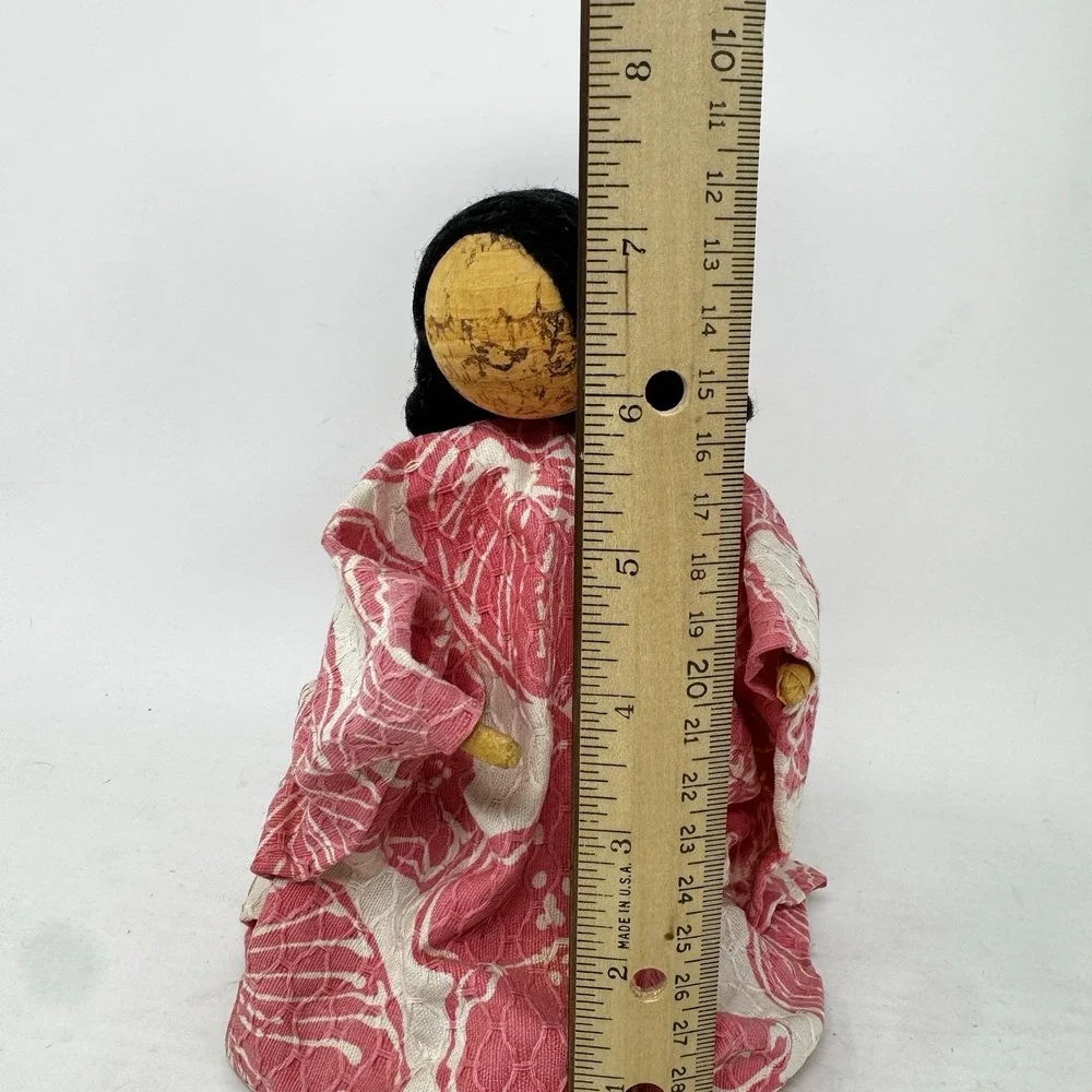 Vintage FOLK ART 7.5 DOLL CORK HEAD Japanese Yarn Hair Collector Pink Dress Girl
